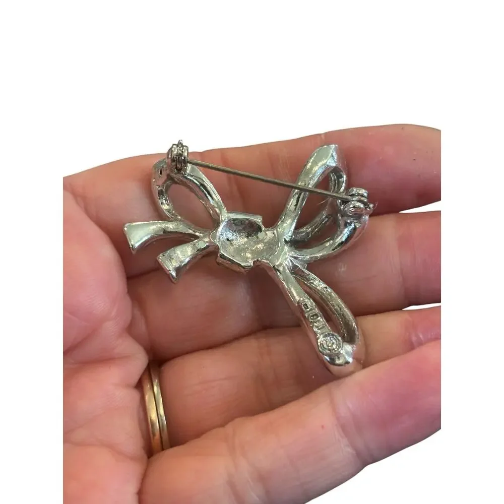 Vintage Signed TOPS Rhinestone Bow Brooch Art Deco Baguette Ribbon Silver Tone
